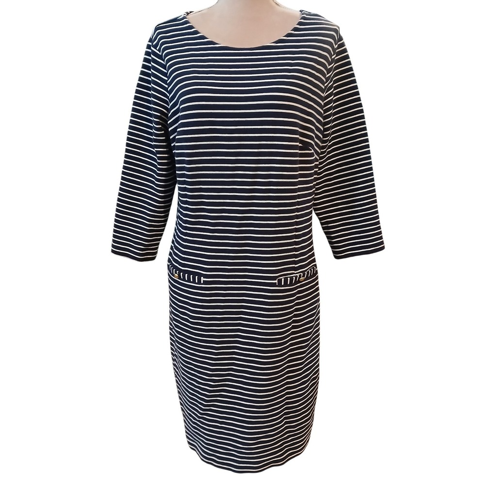 Talbots Navy Blue White Striped 3/4 Sleeve Shift Dress Gold Button Womens L